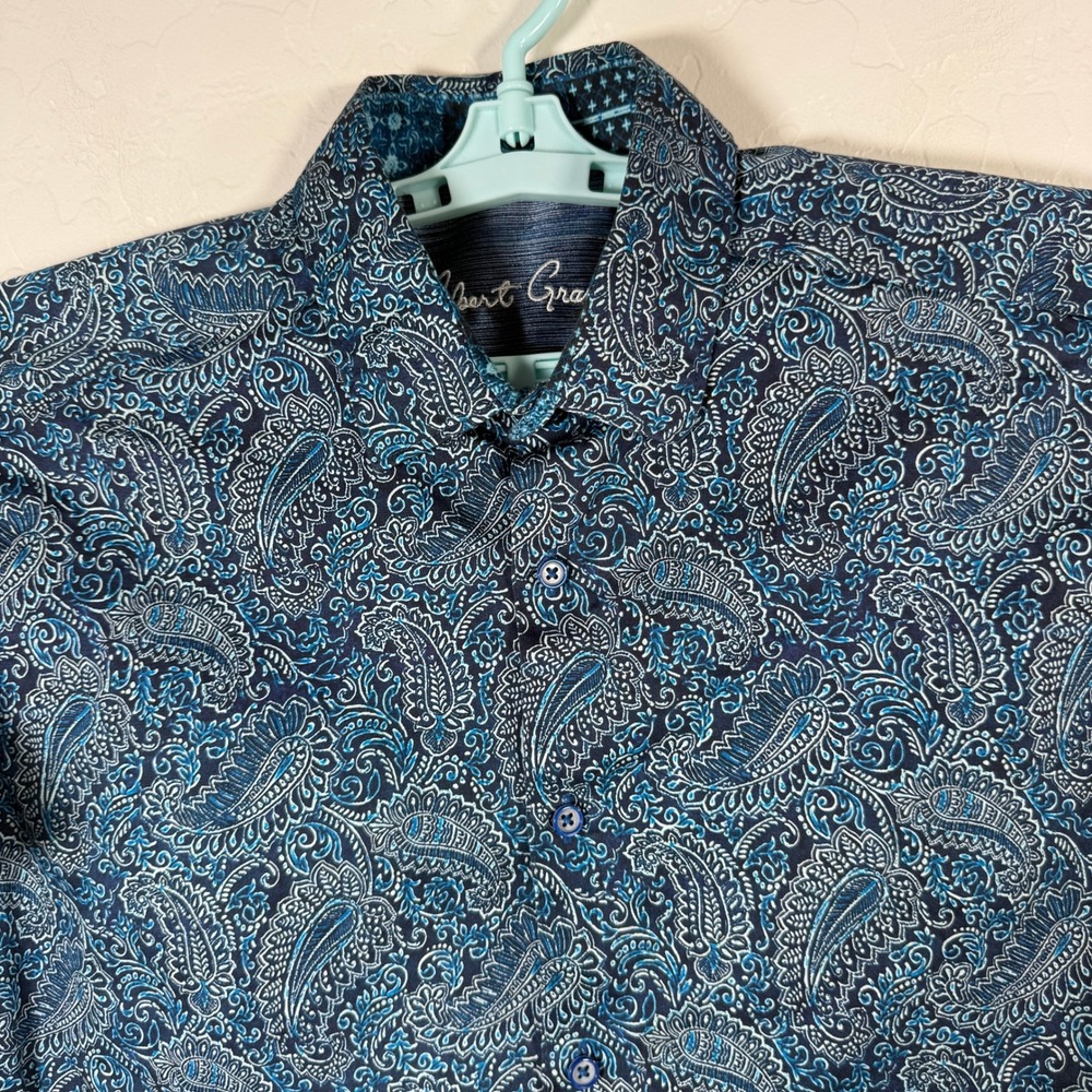 Robert Graham Shirt Mens Large Blue Paisley Button Up Short Sleeve Floral Print